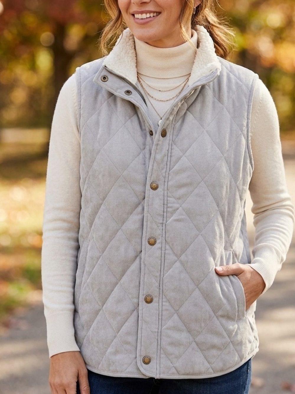 Quilted Gray Vest with Sherpa Lining and pockets